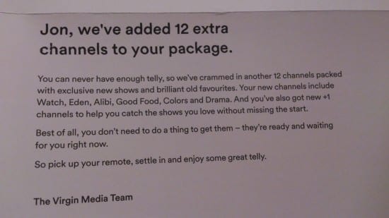 Virgin Media - new channels letter