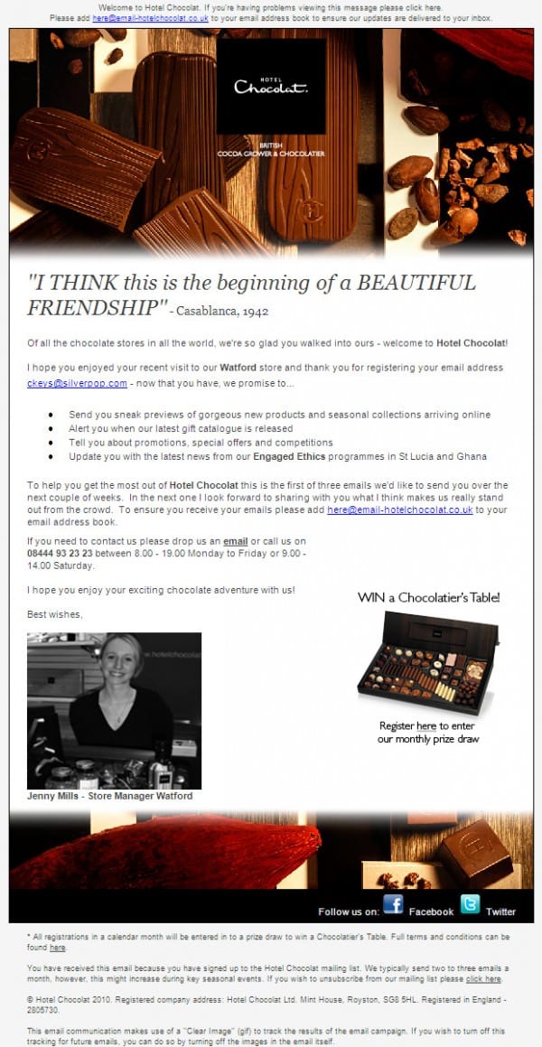 Hotel Chocolat Welcome Email