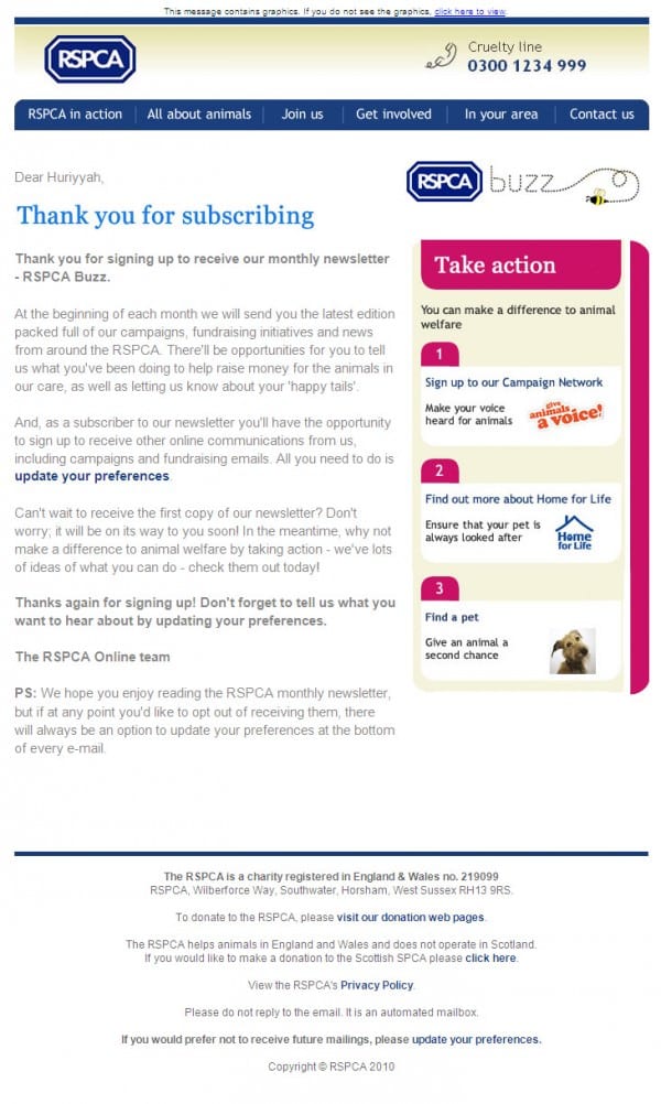 RSPCA Welcome Email